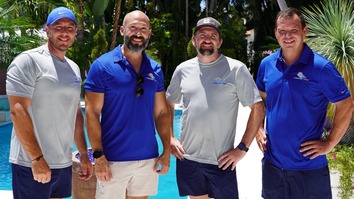 The Florida's Best Pools team — four friends at a Boca Raton poolside